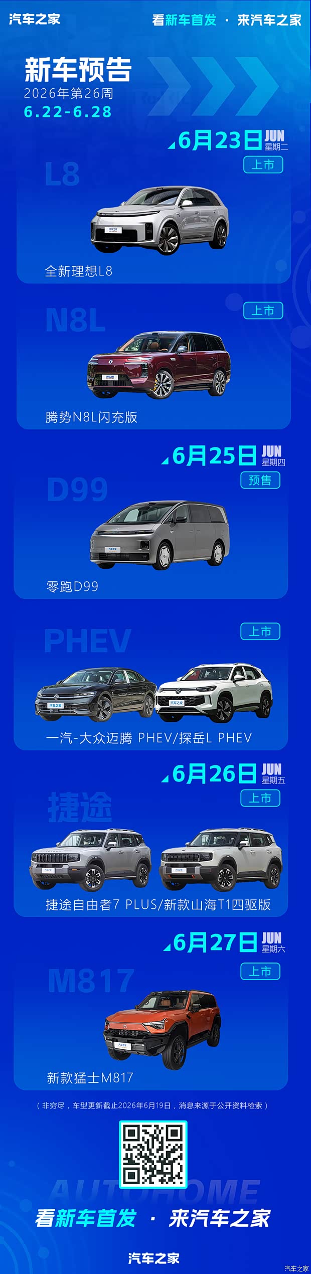 全新理想L8零跑D99等2026年第26周(622-628)新车预告(图1)